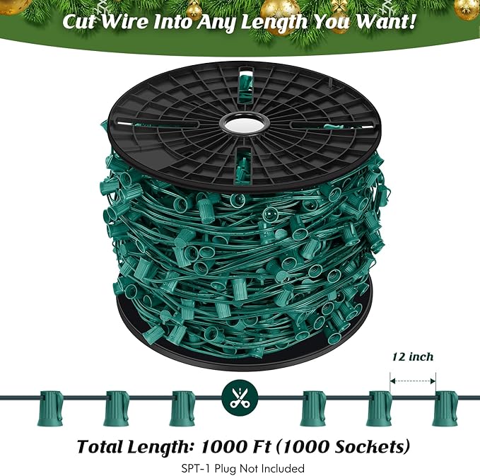 Brightever C9 Commercial LED Socket Set Spool 1000 FT, E17 Light Sockets Set, Strands Custom Roof Line Decorative Lighting - 12 Spacing Intermediate Base 18 Gauge Green Wire String Lights