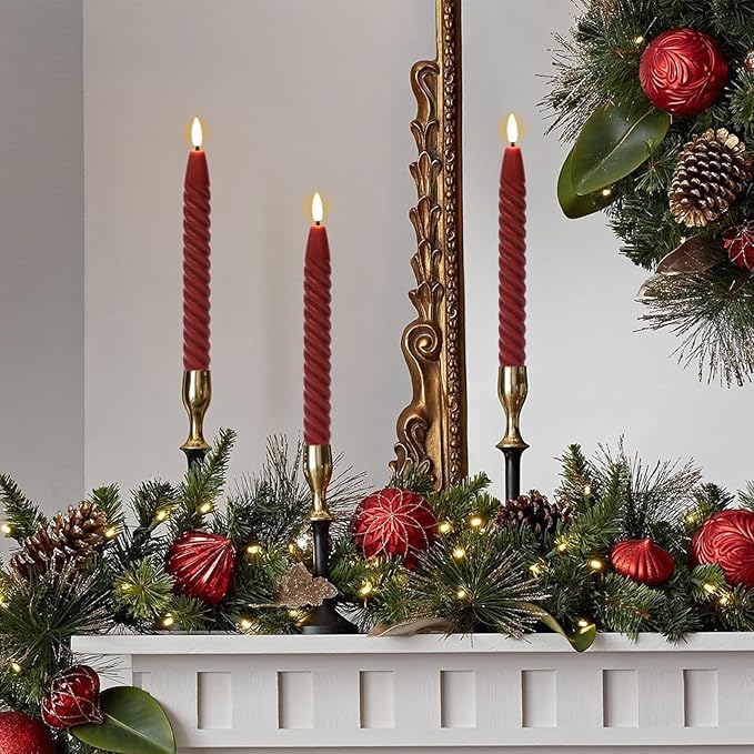 Red Flameless Taper Candles Flickering with Remote Timer, 3D Wick LED Spiral Candlesticks Battery Operated 6 Pack Real Wax Party Christmas Home Decor(0.78 X 9.8 Inchs)