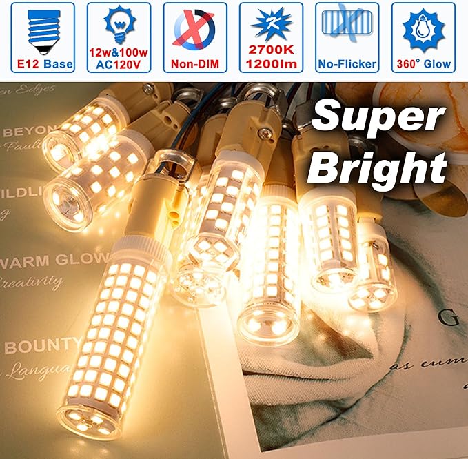E12 100 Watt LED Candelabra Bulbs Equivalent C7,2700K Warm White,1200 lm T6 E12 12W LED Candle Bulbs for Ceiling Fan Chandelier Pendant Lighting Salt Lamp,Non-dimmable,2 Pack