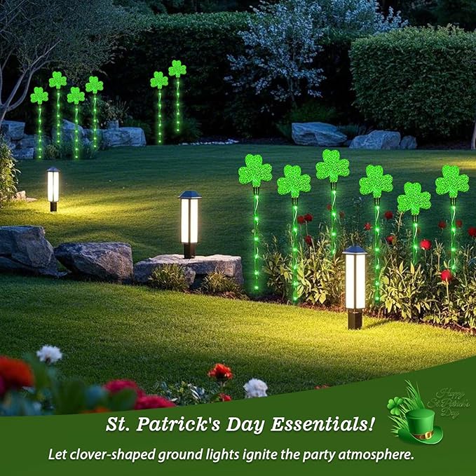 St. Patricks Shamrock Pathway Lights, 6pcs Green Lucky Clover Lights with 8 Lighting Modes, Solar Stake Lights Outdoor Waterproof, LED Landscape Light for Green Irish Decoration (Green - Clover)