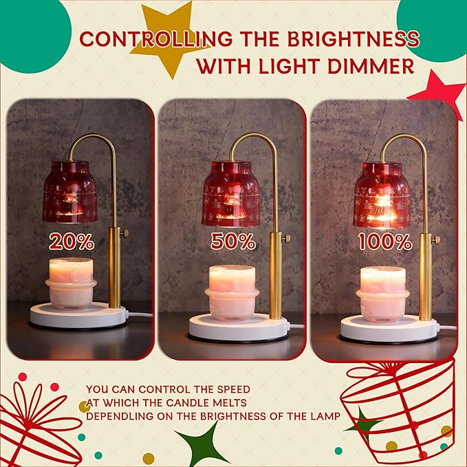 Christmas Candle Warmer Lamp, with 2 Bulbs,Timer & Dimmer,Compatible with Large Yankee Candle Jars,3 Wick Candles,Height Adjustable Electric Top Melter,Red,110-120v,Mother's Day Gifts