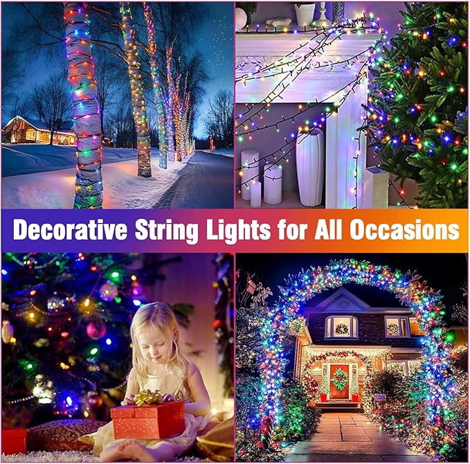 Nisocy 66FT 200 LED 4 Color Christmas String Lights, Multicolor Fairy Lights with Green Wire, 8 Modes Plug in Christmas Tree Lights for Indoor Outdoor Holiday Decorations, Party, Patio, Home Décor