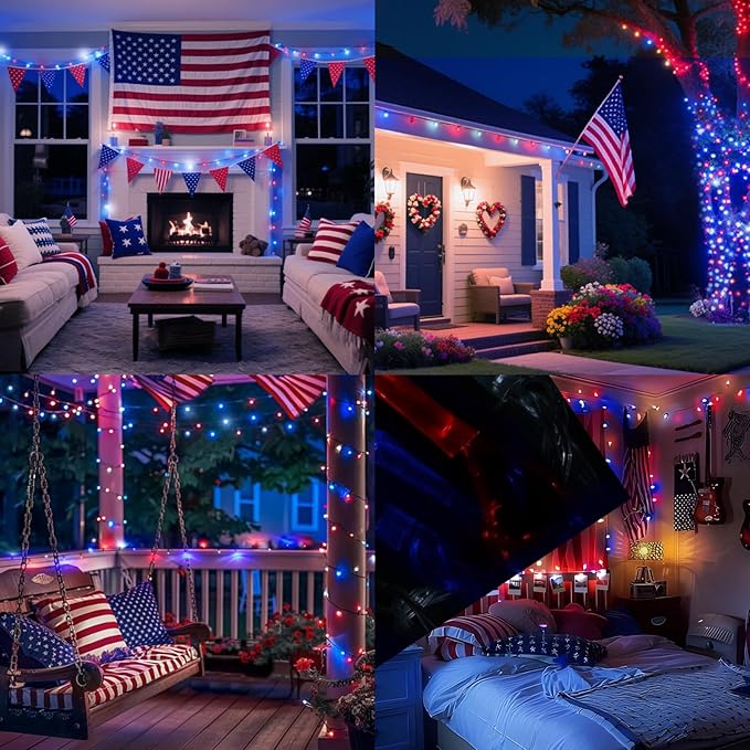 LAMPHOME Red White and Blue Patriotic String Lights, 33ft 100 LED Fairy Lights Plug in, 16 Modes Red White Blue 4th of July Lights Outdoor for Independence Day Memorial Day Patriotic Window Decor