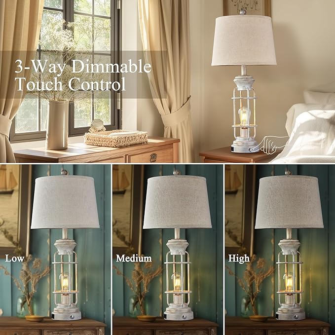 28" Farmhouse Table Lamp Set of 2 with USB Charging Ports, Tall Table Lamp for Living Room,3-Way Dimmable Lamps for Bedroom, Rustic Bedside Lamp, Industrial Nightstand Lamps,Bulbs Included