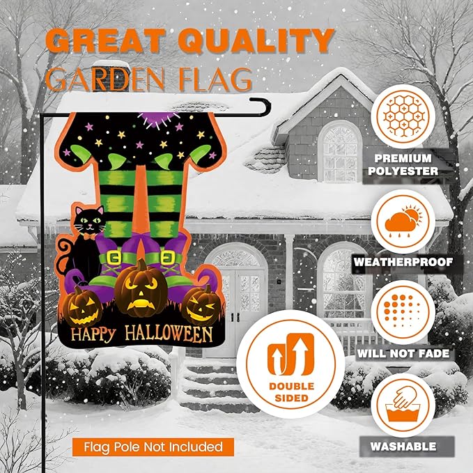 Halloween Solar Lighted Garden Flag Double Sided 12x18 Inch - 8 Lighting Modes LED Outdoor Yard Decoration for Porch, Home, Lawn Halloween Decor - Witch Feet and Pumpkin