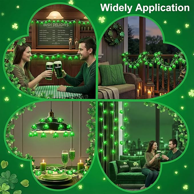 8.5Ft St Patricks Day Lights, 10 LED Clear Green 3D Shamrock Lights Plug in, Connectable St Patrick's Day String Lights Shamrock, St Patricks Day Outdoor Lights for Home Party Decor