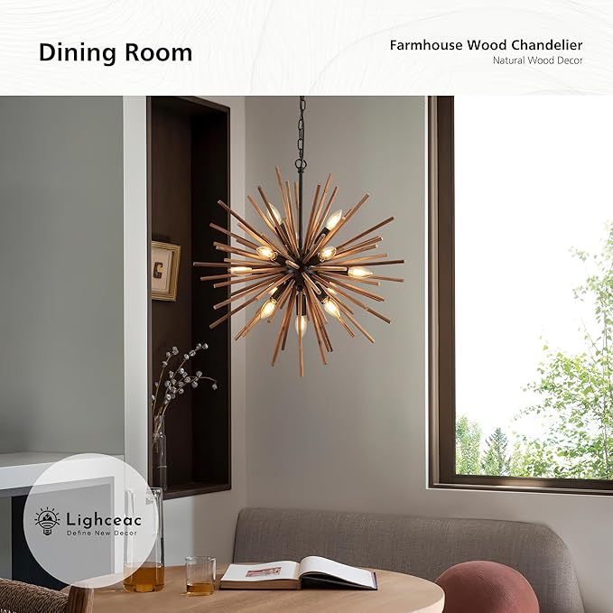23.6" Farmhouse Sputnik Chandelier for Dining Room Rustic Handmade Natural Wood 12-Light Hanging Ceiling Pendant Light Fixture Starburst Wood Chandeliers for Kitchen Bedroom Foyer Hallway