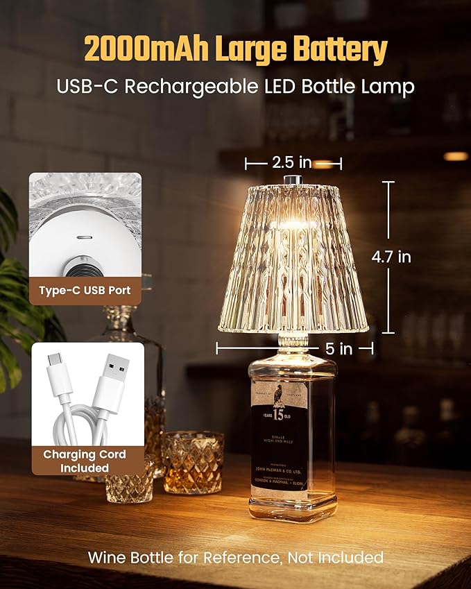Wireless Bottle Lamp USB Rechargeable with Crystal Lampshade, 3-Color Touch Control Bottle Light Smooth Dimming, Wine Bottle Lamp for Bar Décor, Home, Kitchen & Party Lighting, 1-Pack