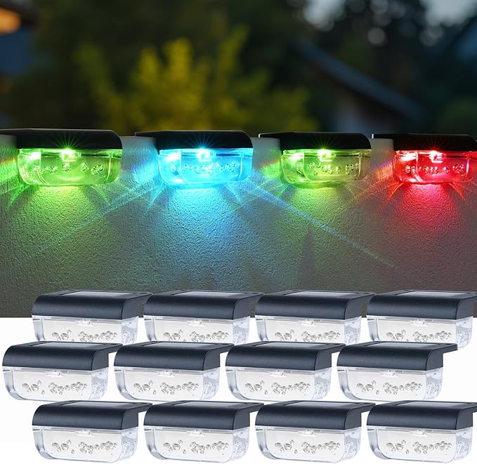 12 Pack Solar Deck Lights, RGB Color Changing Christmas Solar Fence Lights, Waterproof Step Lights for Outside, Step, Fence, Deck, Stair, Pool and Yard