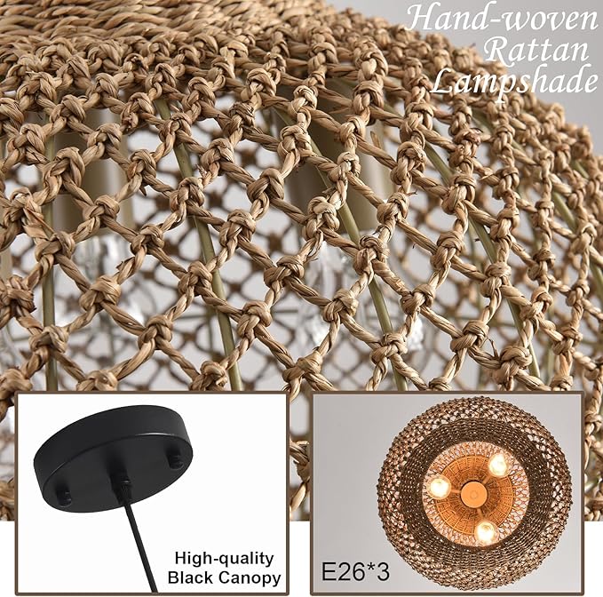 16.94" Rattan Pendant Light Fixture, 3-Light Woven Wicker Seagrass Hanging Lighting Boho Coasta Rattan Chandelier of Kitchen Island Farmhouse Dining Room Entryway Foyer