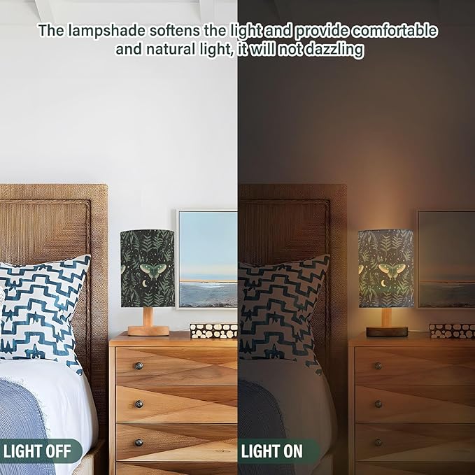 Fustylead Mystical Green Moth with Stars Moon Ferns Bedside Table Lamps with USB Port for Bedroom Lamp Small Nightstand Lamp Sturdy Linen Shade Wooden Decorative Lamps for Living Room Home Dorm Kids