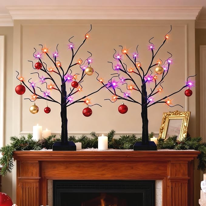 2-Pack Lighted Halloween Christmas Fall Tree Decorations Indoor, 2ft Black Birch Tree with LED Lights, Small Tabletop Christmas tree with lights, Warm White Battery- Powered Fairy Light Spirit