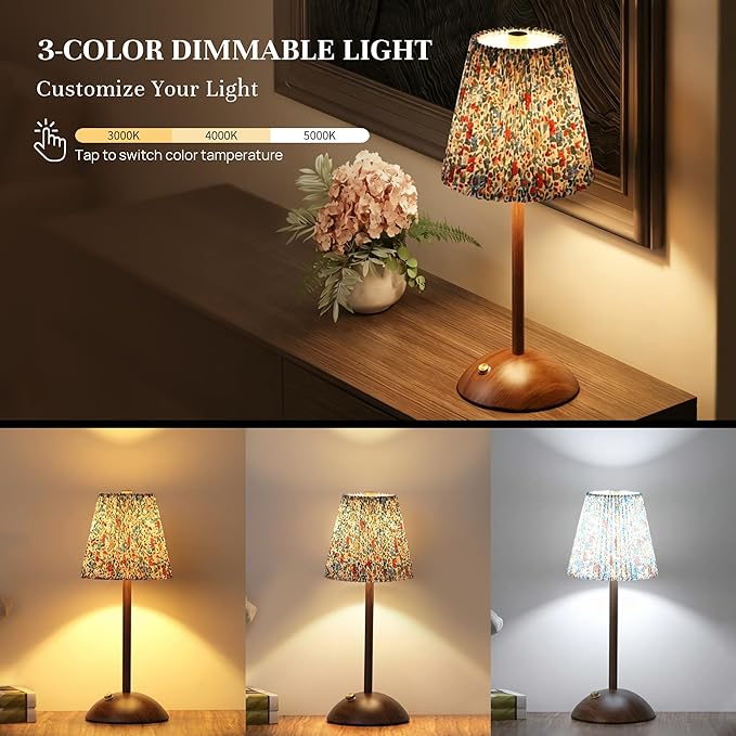 Small Vintage Cordless Table Lamp,3000mAh Rechargeable Battery Operated Desk Lamp,3 Color Stepless Dimming Up LED Flower Night Light for Bedroom Living Room Patio Camping Restaurant Home Coffee Shop