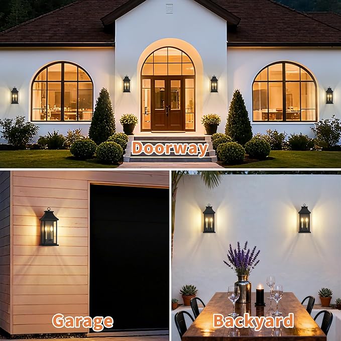 tewei 2-Light Black Outdoor Light Fixture, Porch Light Outdoor Wall Sconce Lantern, 18'' Exterior Lighting Fixture Wall Mount E12 Gold Base, Outside Light for House Backyard Garage, 1-Pack
