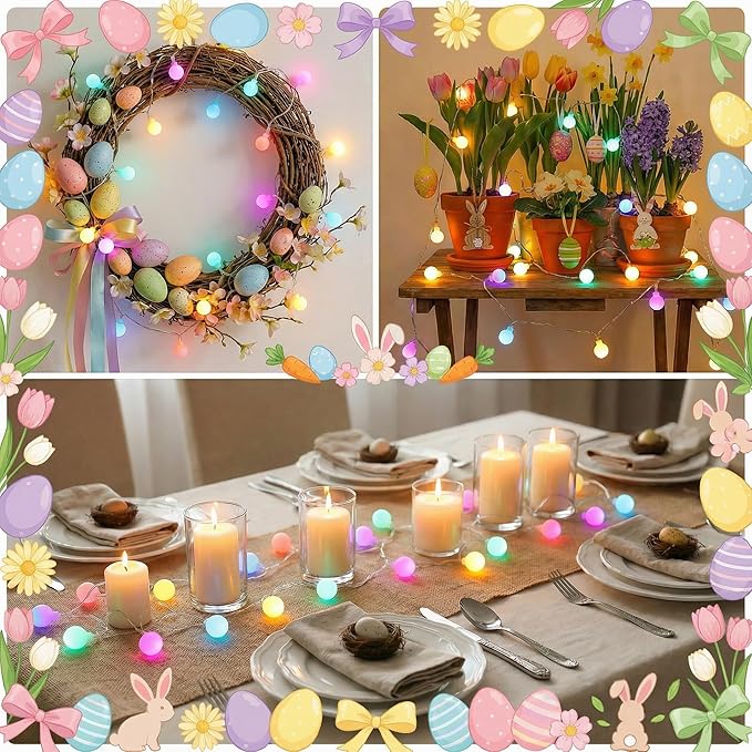 50 LED Globe String Lights - 16.4Ft Easter Pastel Colored Light with 8 Modes, Timer, Waterproof - Fairy Christmas Lighting for Outside Patio Tree Bedroom House Drom Party Garland Spring Decorations