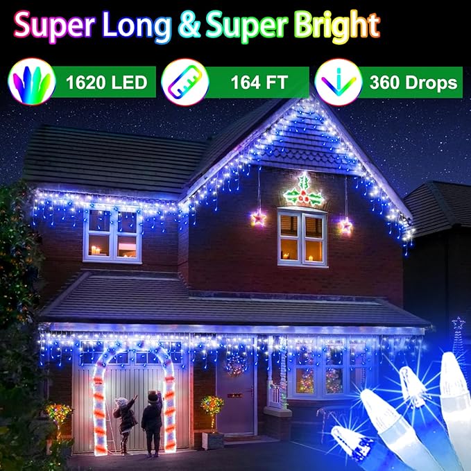 1620 LED 164ft 360 Drops Christmas Lights, Outdoor Hanging lights with 8 Modes & Timer Memory, Outsite Waterproof Curtain String Light for House Fence Tree Holiday Wedding Decorations (Blue & White)