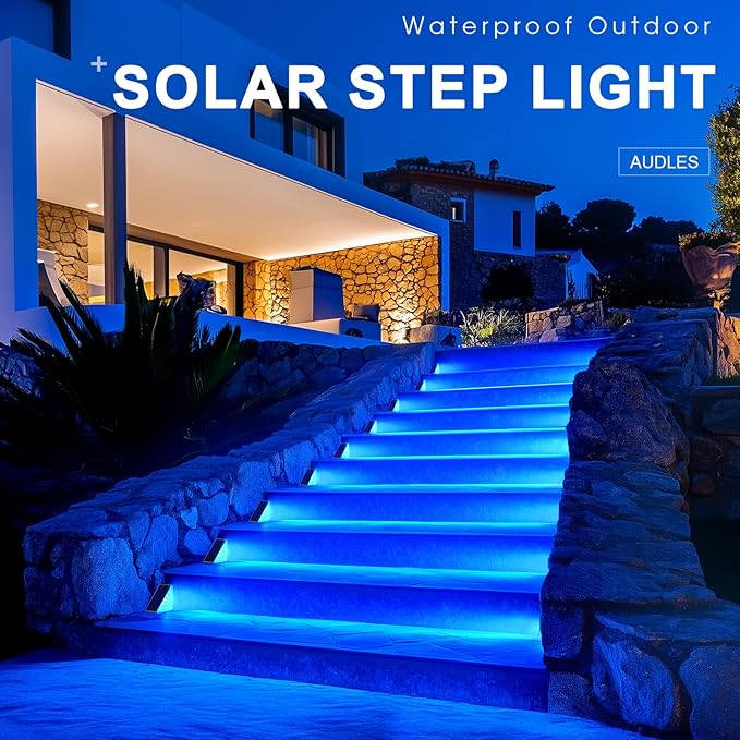 12 Pack Solar Stair Lights, Outdoor Step Lights with Waterproof IP67, Blue Color LED Solar Light for Outside Light Decor for Stair, Deck, Front Step, Front Porch, Patio and Backyard