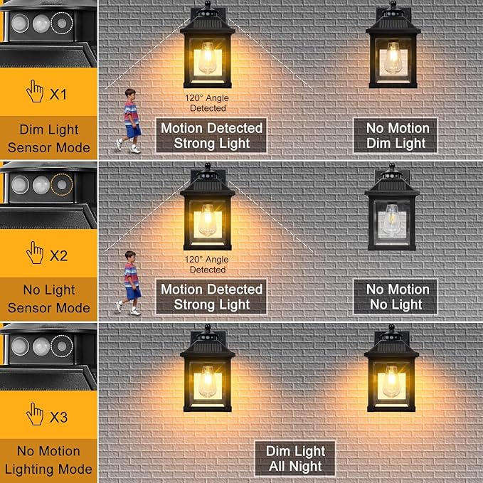Solar Porch Lights Outdoor, Solar Wall Lights with 3 Lighting Modes&Motion Sensor, Dusk to Dawn Sconce Lights, Waterproof Lantern Fixture for Front Door Garage Porch Yard Fence (2 Pack)