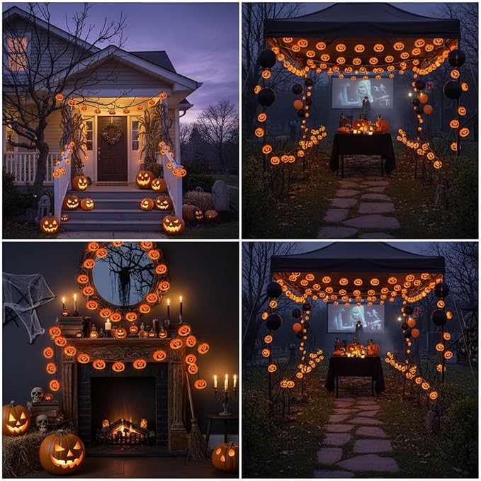 Halloween Pumpkin String Lights Outdoor Indoor, 10FT 12 LED Bat Pumpkin Lights, Waterproof Energy-Saving Halloween Decorations for Porch, Patio, Garden, Party, Trick-or-Treat