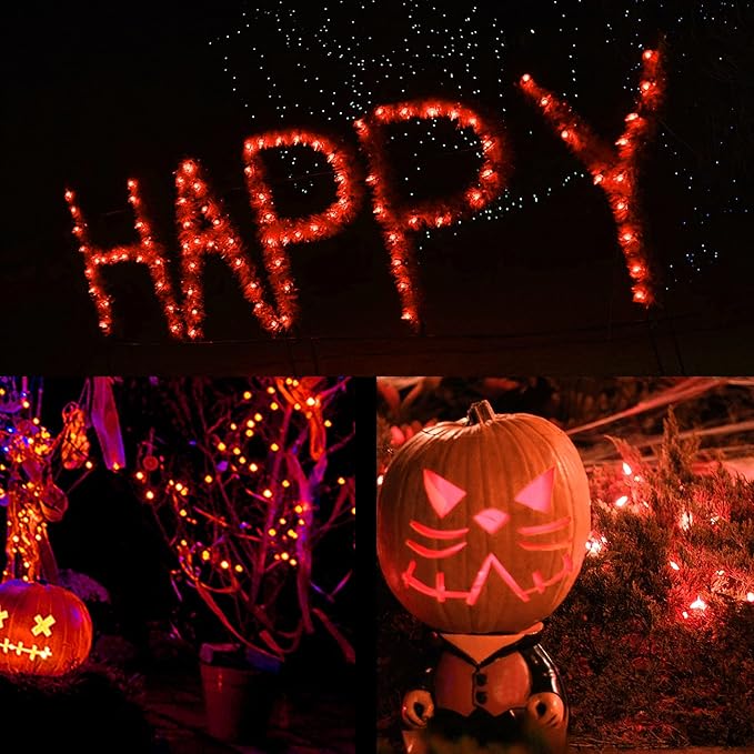 WATERGLIDE Halloween C6 String Lights, 33ft 100 LED Black Wire Fairy Lights with 29V Safe Adaptor, 8 Lighting Mode, Waterproof for Indoor Outdoor Patio Xmas Tree Party Decor, Orange