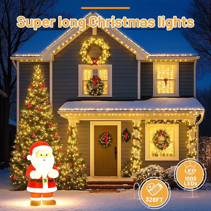 Christmas Lights 1000 LED 328 FT, IP67 Waterproof Christmastree Lights with 8 Modes, Remote Control 3 Timers & Memory Function Xmas Decorations for House and Holiday (Warm White)