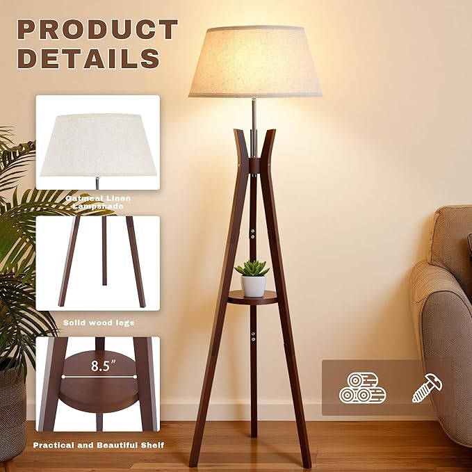 Floor Lamp with Shelf Table, Mid-Century Modern Corner Floor Lamp with Beige Linen Shade, Tall Standing Lamp with Bamboo Tripod Frame, E26 Base for Living Room Bedroom Office