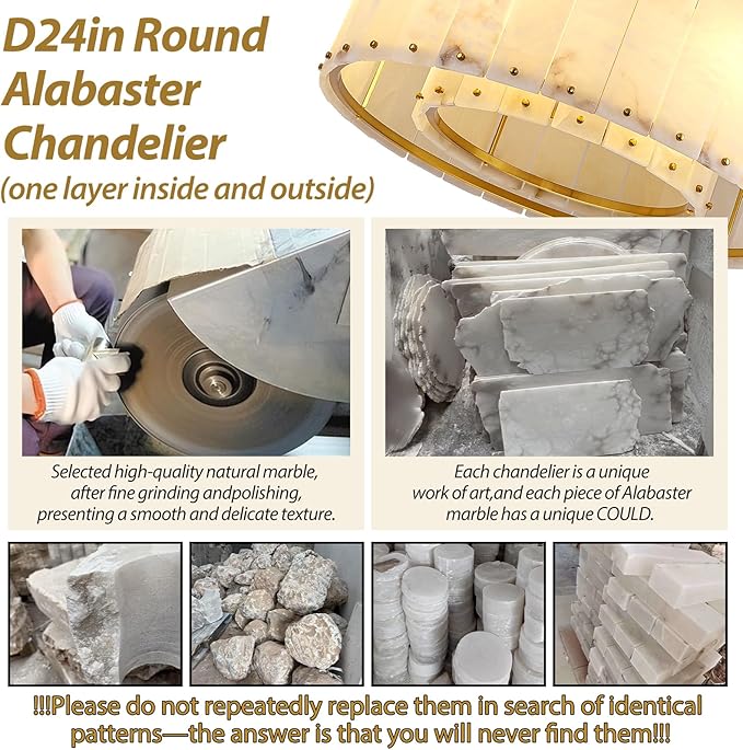 Alabaster Chandelier D24in Spanish Natural Marble Round Chandeliers,Alabaster Pendant Light Fixture,Modern Brass Dining Room Chandelier, Adjustable Gold Chandeliers for Bedroom,Bathroom,Entryway,Foyer