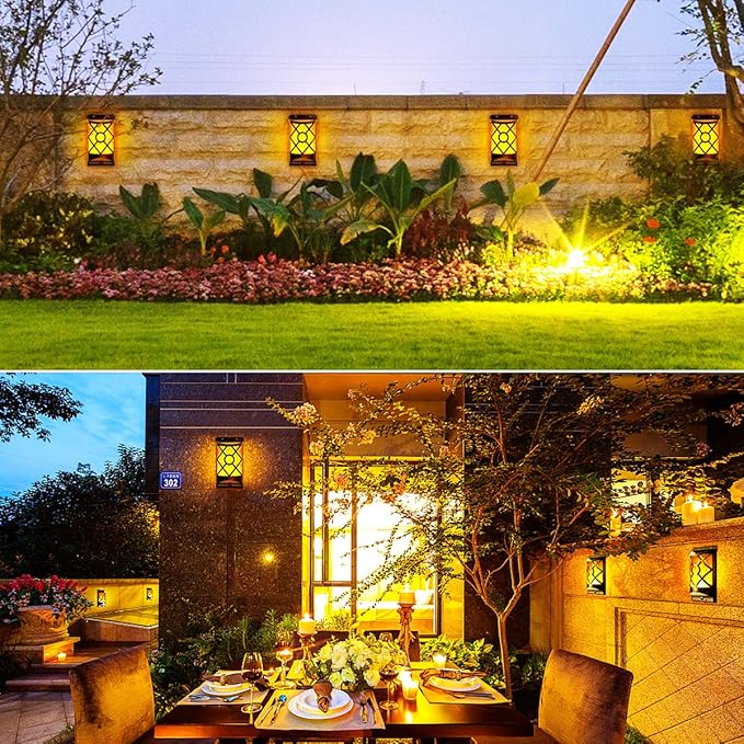 Solar Flame Lights Outdoor, Realistic 3D Flickering Flames with 66 Ultra-Bright LEDs - IP65 Waterproof Wall Mount Lanterns for Deck, Fence, Patio, Garden, Auto On/Off (4-Pack Value Set)