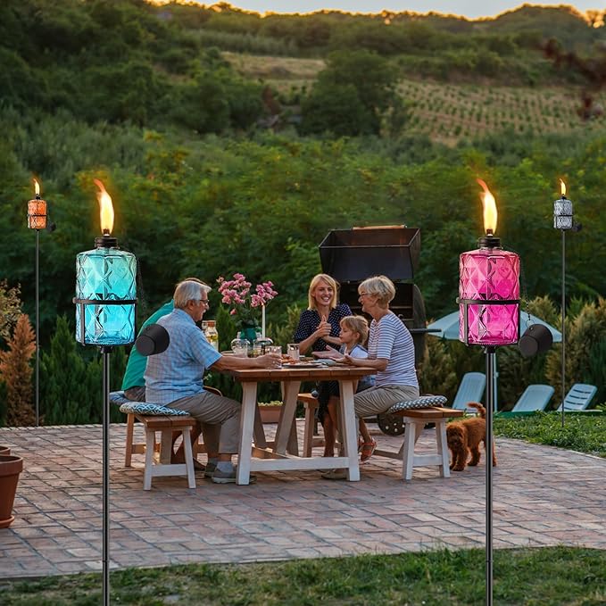 4 Pack Colorful Glass Garden Torch,60-Inch Outdoor Torch Garden Décor, Upgraded 12 oz Citronella Torches with 3-Prong Grounded Stake,Metal Light Torches for Party Patio Pathway
