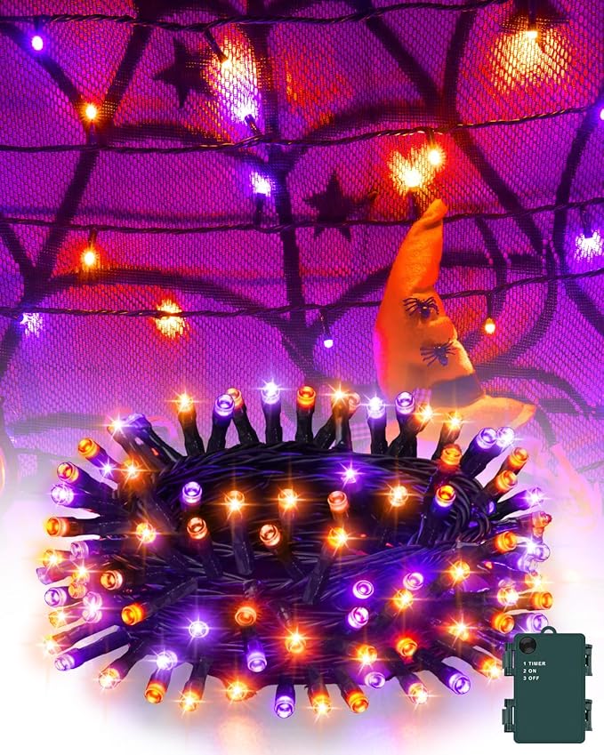 Halloween String Lights Battery Operated, Orange and Purple Fairy Lights with Timer Waterproof 9.8ft 30 LED Halloween Decorations for Outdoor Indoor Patio Party Garden Yard Decor