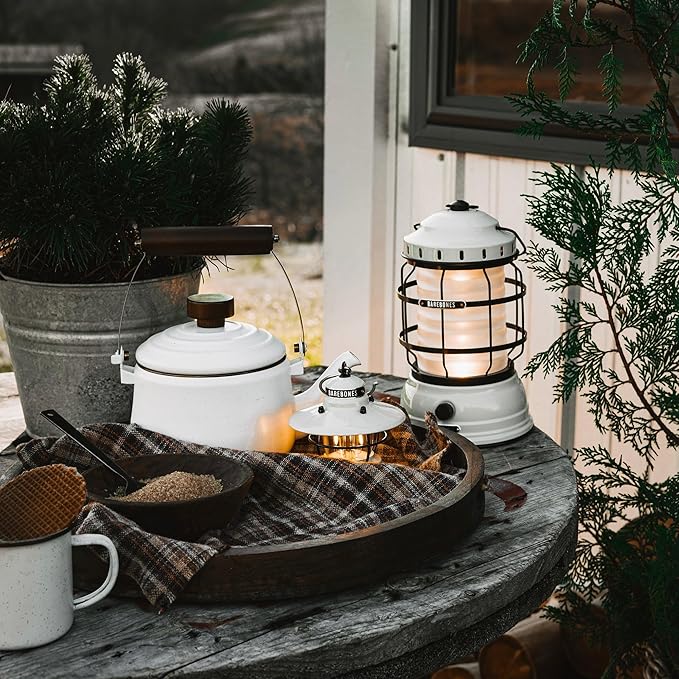 Barebones Forest Lantern – Vintage White, Vintage Rechargeable LED Lantern with Adjustable Brightness – Battery Operated Camping Light for Outdoor Adventures, Backyard Gatherings, and Emergency Use