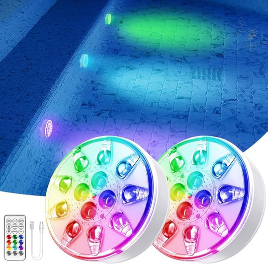 Pool Lights - 2 Pack, Rechargeable Submersible LED Pool Lights with Remote, IP68 Waterproof Underwater Pool Decor Light for Inground Pools, Above Ground Pools, Parties, Hot Tubs, Vase Bases