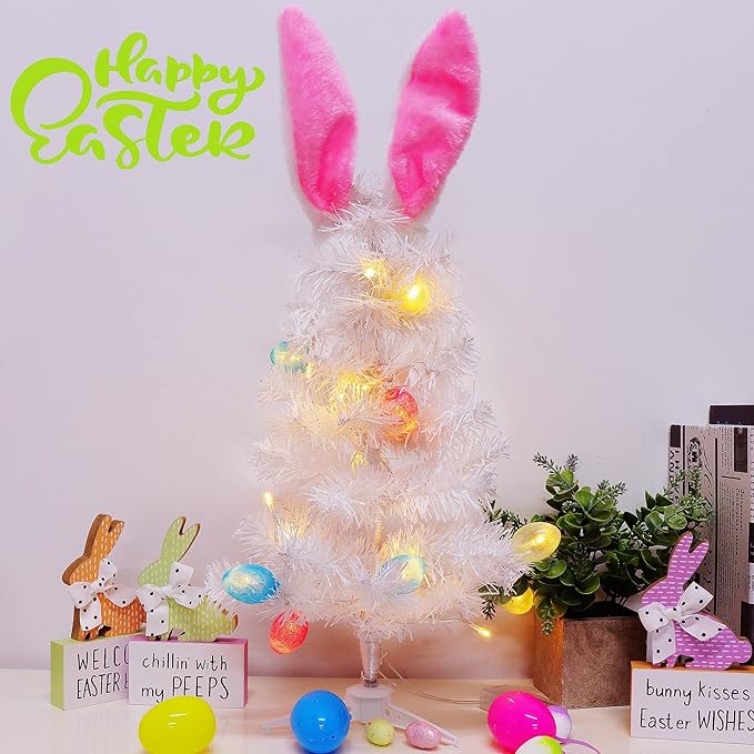 Dynaming Easter Table Decorations, 23 Inch Lighted Easter Bunny White Tree, Pre-lit Artificial Tabletop Tree with Bunny Ears and Eggs, Battery Operated Light Up for Indoor Spring Home Bedroom Decor