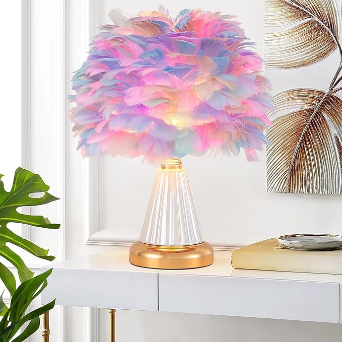 Colorful Feather Table Lamp Cute Ceramic Fluffy Bedside Lamp Princess Furry Nightstand Light Girl Romantic Desk Lamp for Girl Bedroom Living Room Office Nursery Valentines Wedding Decor