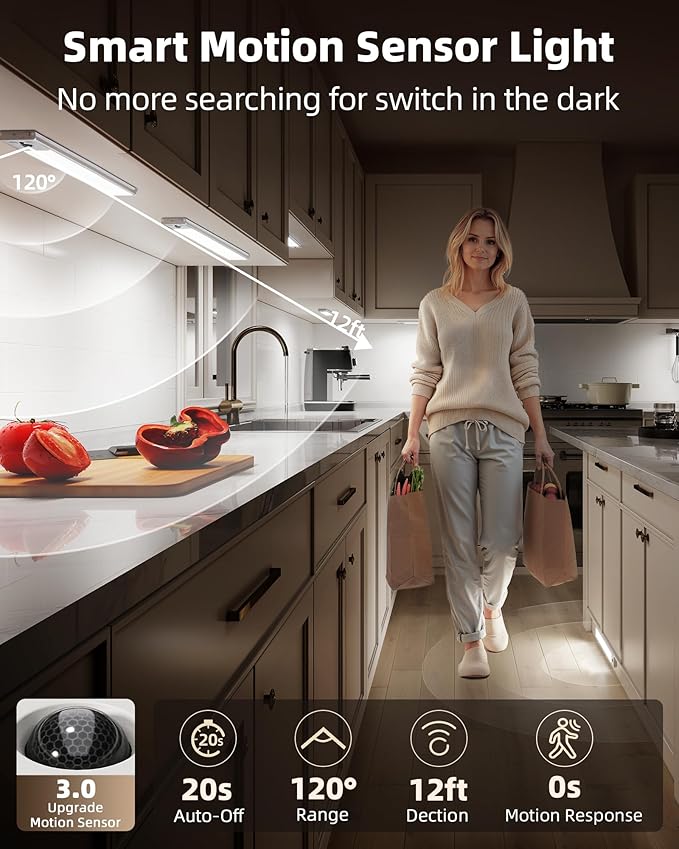 EZVALO 3-Pack Under Cabinet Lighting, 3200mAh Rechargeable Motion Sensor Light, 12inch Magnetic Closet Lights with Dimmable & 3 Color Temps, Wireless Motion Activated Lights with Remote for Kitchen
