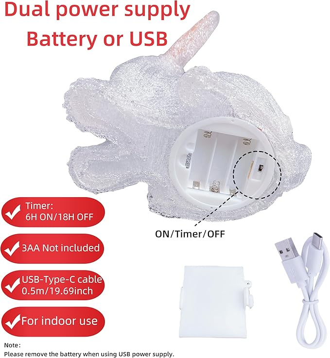 Gloworm YKL-1019, 22CM Acrylic Rabbit Lighting, Garden/Home/Easter Figure Light Up, with 26 White LEDs, 6H Timer, Dual Power Supply USB or Batteries: 3 x AA (Not Included) Bunny Night Light Indoor