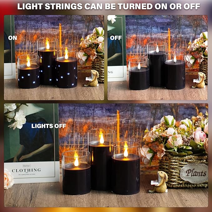 Real Wax Flameless Candles Glass,Battery Operated LED Candles with Flickering Flame,Glass Shell,Interior Star Light Decoration Set of 3 Black (D3×H 4" 5" 6") for Home Decor,Holiday Decoration