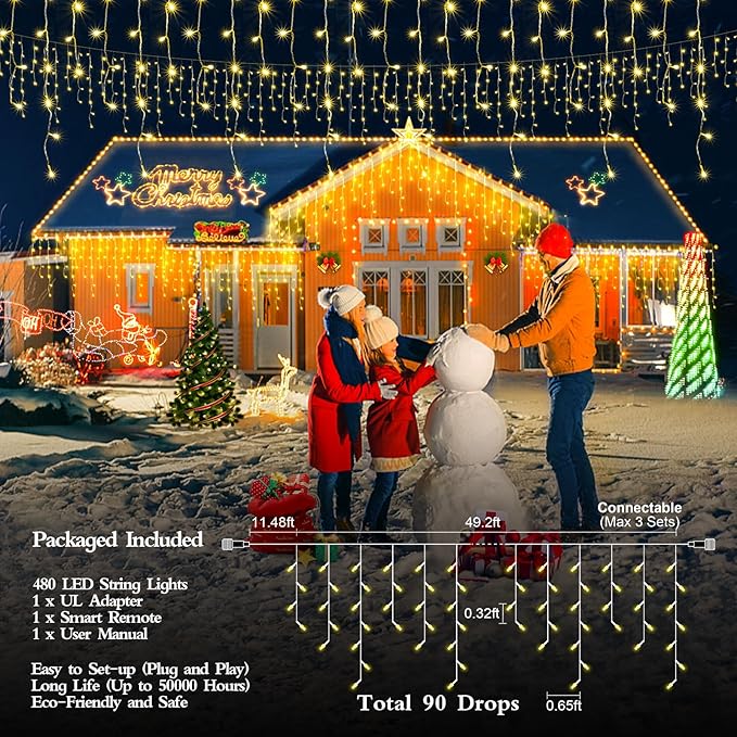 480 LED 49FT Christmas Lights Plug in 8 Modes with Timer Dimmable Ice Lights Outdoor Waterproof Indoor Ice String Lights for Roof Porch Garden Holiday Wedding Xmas Decor (Warm White)