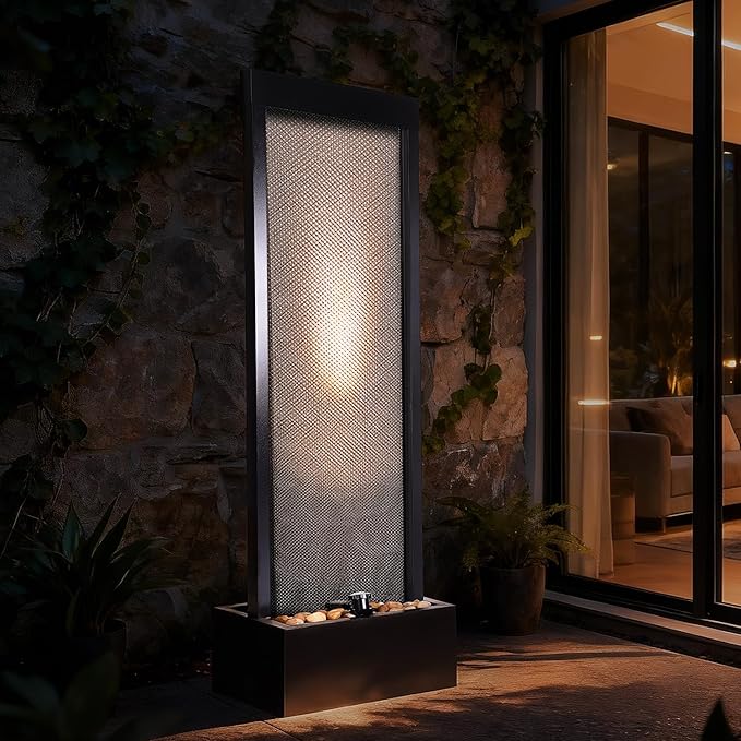 Mesh Panel Waterfall Fountain, Large Indoor Water Feature with Stones & Light, 64" Floor Standing Water Wall for Home Decor, Living Room, Patio, Outdoor Garden