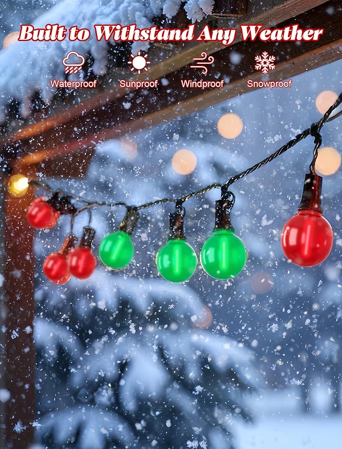 25 Pack Frosted Red Green G40 LED Light Bulbs – 0.6W E12 Base Replacement Bulbs for Christmas Lights, String Light Bulb for Outdoor String Lights, Christmas Tree, Porch, Holiday Decorative Lighting