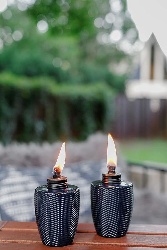 TIKI Brand Glass Table Torch, Decorative Outdoor Torch for Patio, Lawn, and Backyard, Herringbone Blue 3-Pack 5.75 Inch, 1118114