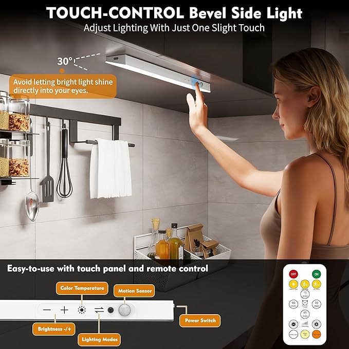 160LEDs Touch-Control Under Cabinet Lighting w/4000mAh Battery, Cordless Motion Sensor Under Counter Lights for Kitchen, Magnetic Rechargeable Closet Lights - 1Pack/White, 2025 Fall