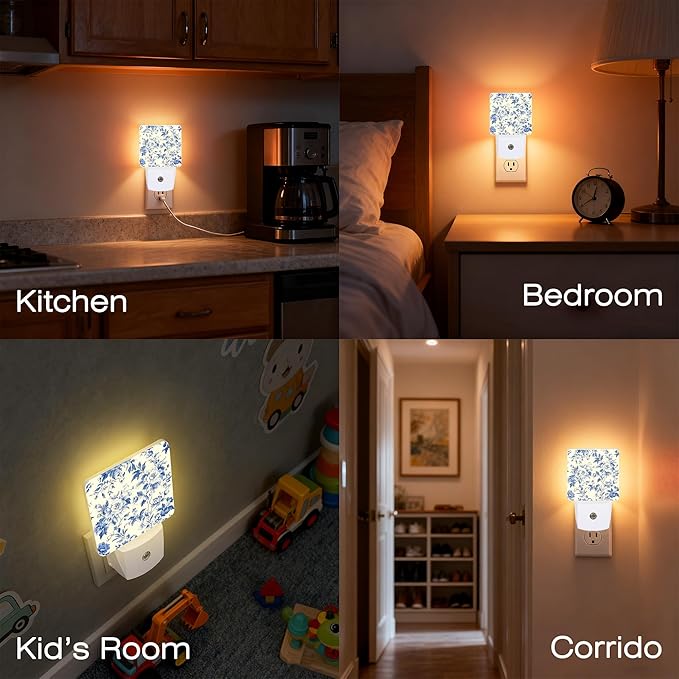 Vintage Blue Flowers Night Light for Kids, Dusk-to-Dawn Auto Sensor Plug in Night Light, 0.5W Energy Saving Non-Toxic Design for Bedroom/Bathroom, Ideal Gifts for Women, Men & Kids