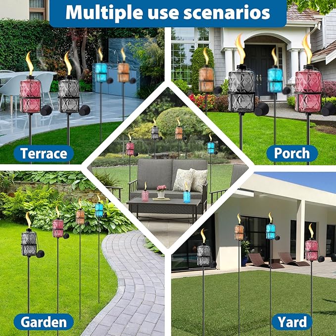 4 Pack Colorful Glass Garden Torch 12 oz Outdoor Torch Garden Décor,60-Inch Upgraded Citronella Torches with 3-Prong Grounded Stake for Party Patio Pathway