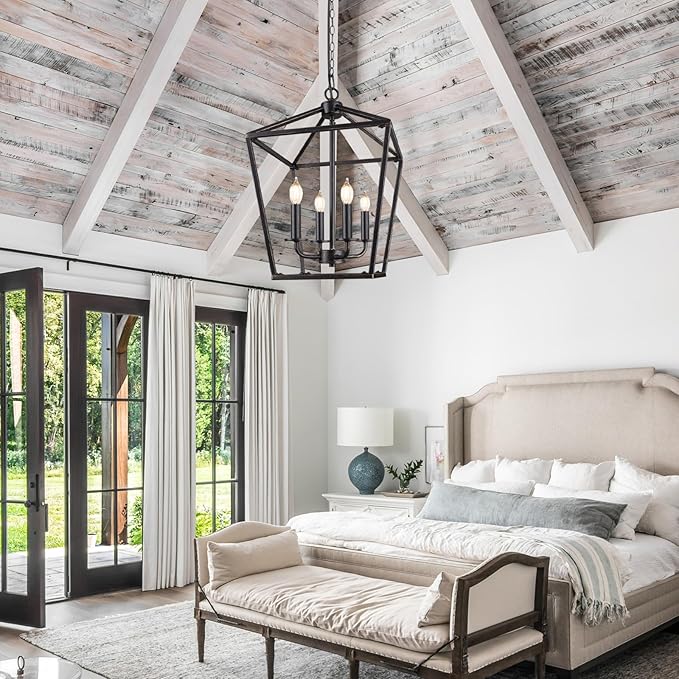 Farmhouse Chandelier 4-Light, Black & Gold Pendant Light Fixture for Kitchen Island Dining Room, Lantern Industrial Lighting Ceiling Hanging with Metal Cage Adjustable Height for Entryway Foyer