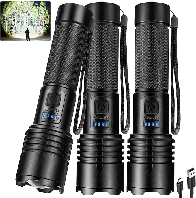Rechargeable Led Flashlights High Lumens 3Pack, 99000 Lumen Super Bright Flash Light with 3 Modes & Adjustable 2 Beam, Brightest Waterproof Flashlight 15H Long Runtime for Hiking Camping