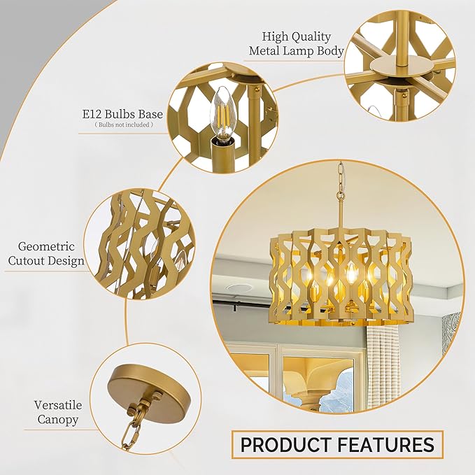 Wellmet Modern Chandelier Light,Gold Ceiling Light Fixture for Dining Room,4 Light Drum Farmhouse Geometric Pendant Light,Round Large Chandelier for Bedroom,Living Room,Cabin,Foyer,Kitchen Island 20"D