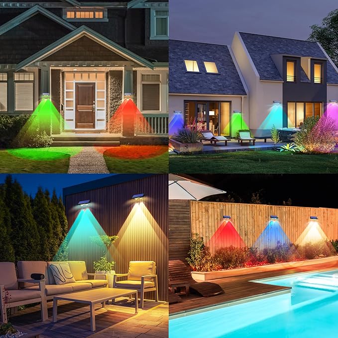 TECKNET Solar Fence Lights Outdoor 8 Pack, Warm White & 6 Colors & RGB, IP66 Waterproof LED Deck Light, Dusk to Dawn Fence Lights Solar for Wall, Railing, Step, Patio, Pool, Backyard, Outside