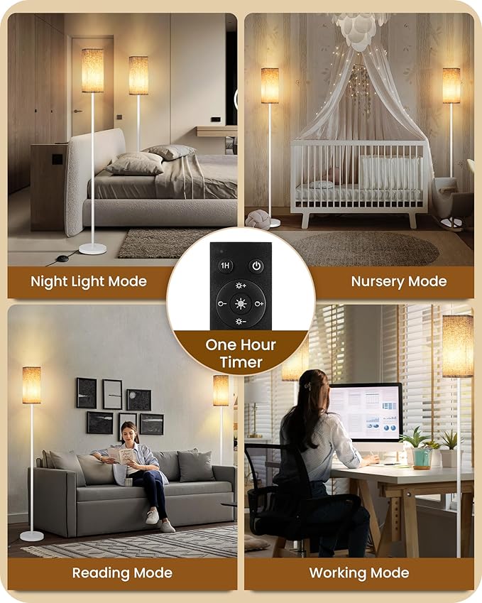 64.2'' Dimmable Floor Lamp for Living Room with Remote and Foot Switch, Corner Floor Lamp for Bedroom, Includes 10W A19 Bulb, Modern Standing Tall Lamp, ETL Listed White and Beige WE17LD05