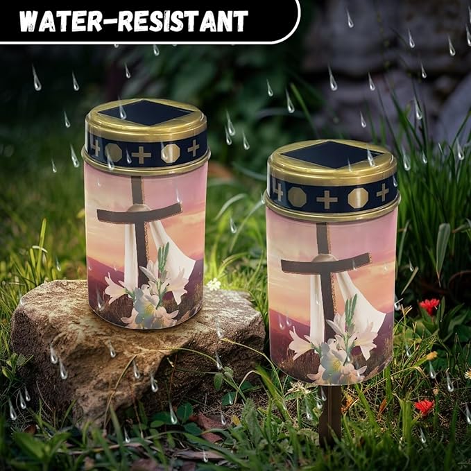 Floral Cross Solar Grave Lights for Cemetery Flameless Solar Powered Light for Prayer Waterproof Outdoor Easter Decor Cemetery Solar Lights for Grave Lamp